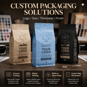 Custom Printed Coffee Packaging Bags Flat Bottom & Stand Up Pouches
