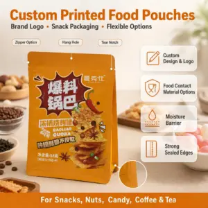 Custom Printed Flat Zipper Pouch and Self Sealing Bags  for Snacks Packaging Wholesale